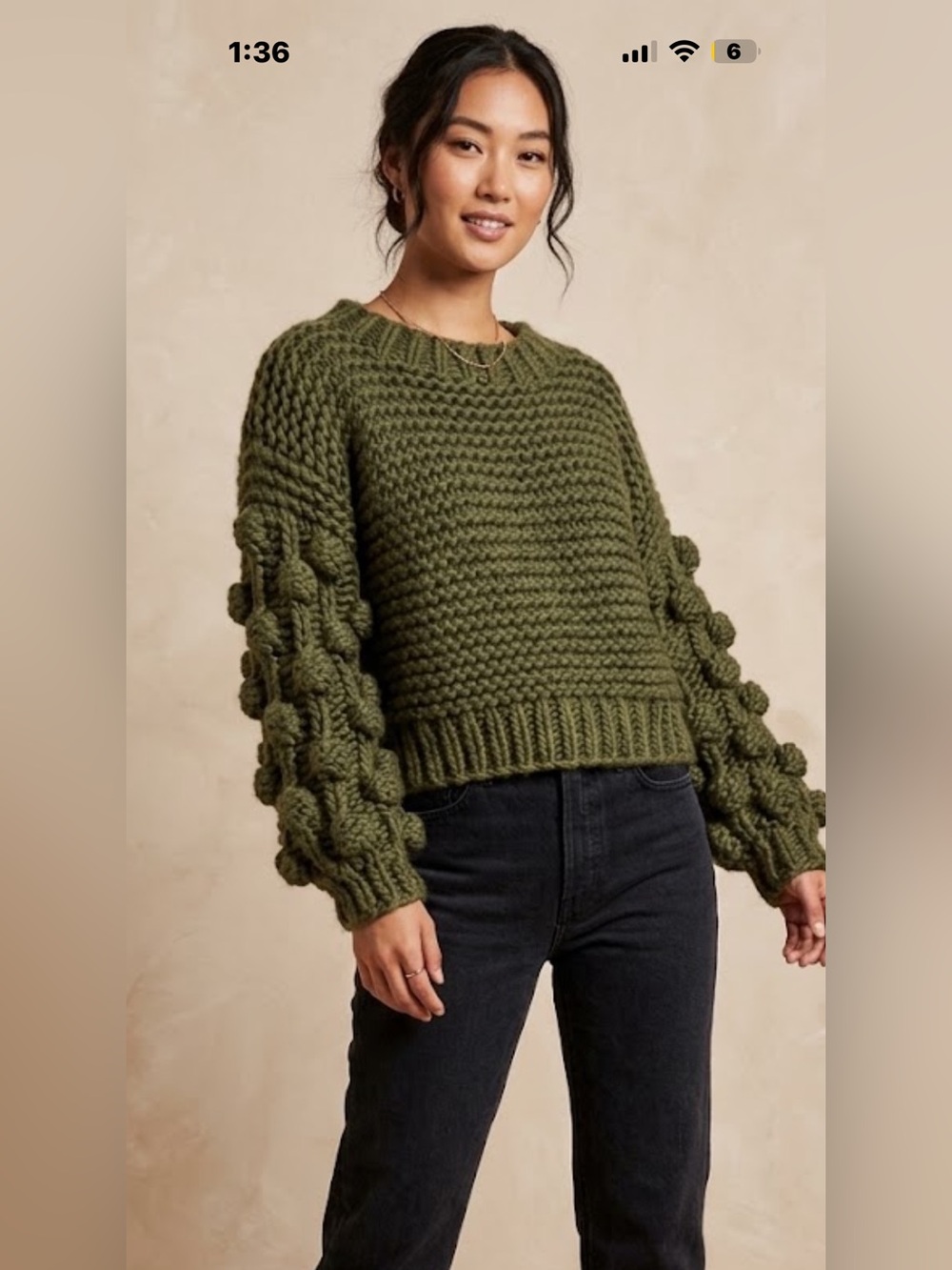 Olivaceous Olive Green Chunky Bubble-Sleeve Crewneck Sweater. NWT